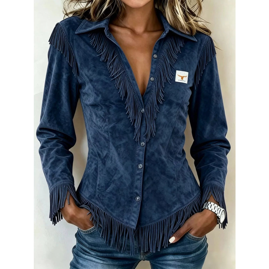 Full Size Fringed Collared Neck Shirt Plus Size Navy Blue / S Apparel and Accessories