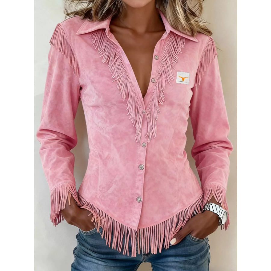 Full Size Fringed Collared Neck Shirt Plus Size Pink / S Apparel and Accessories