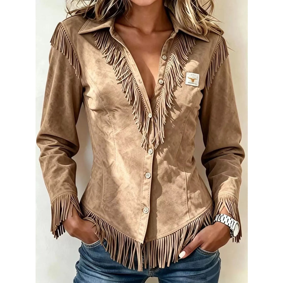 Full Size Fringed Collared Neck Shirt Plus Size Tan / S Apparel and Accessories