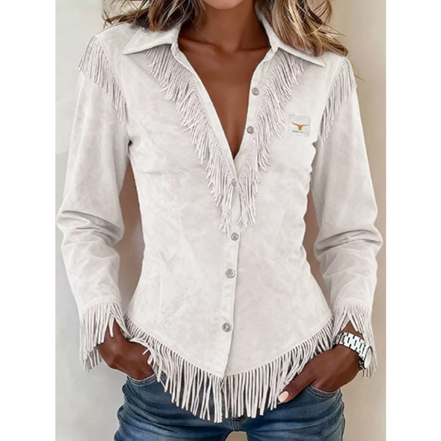 Full Size Fringed Collared Neck Shirt Plus Size White / S Apparel and Accessories