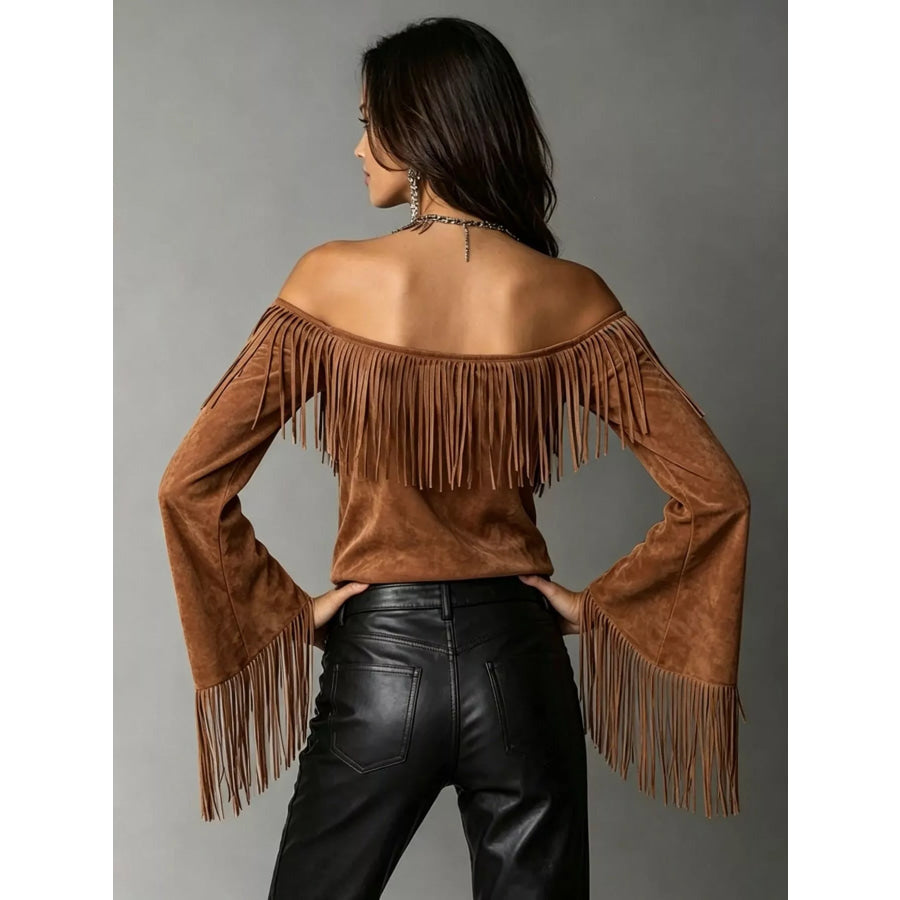 Full Size Fringed Off-Shoulder Flare Sleeve Top Plus Size Apparel and Accessories