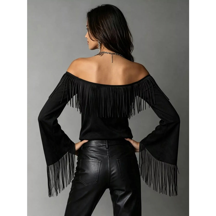 Full Size Fringed Off-Shoulder Flare Sleeve Top Plus Size Apparel and Accessories