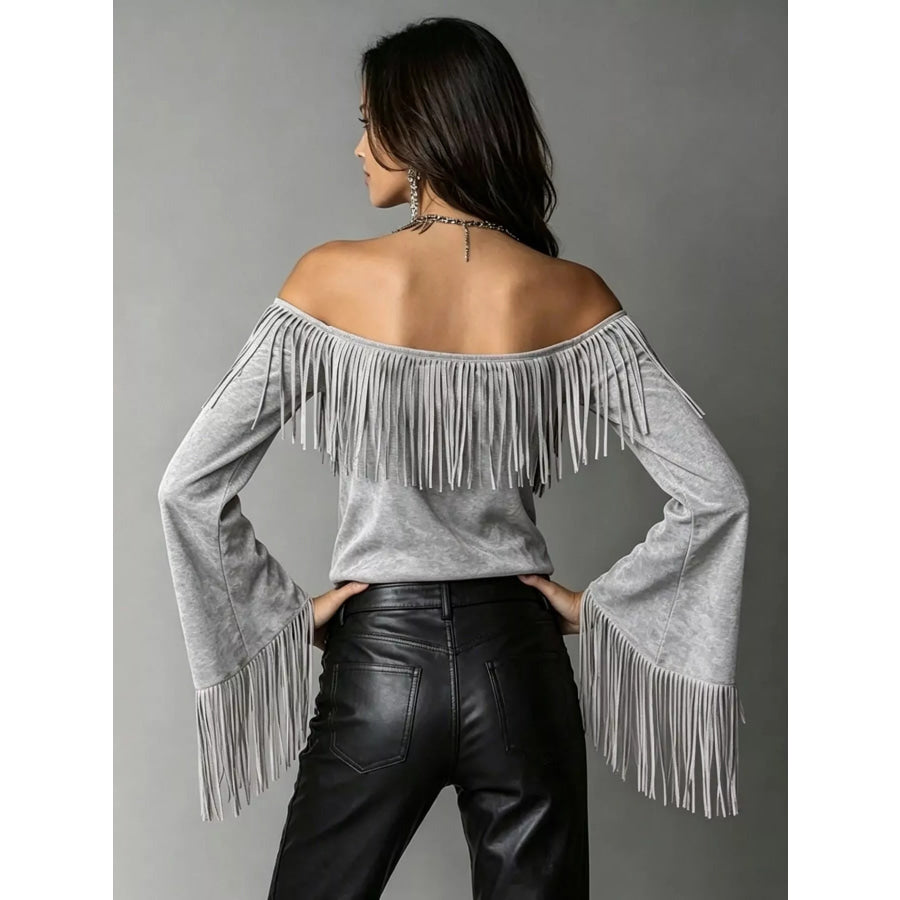 Full Size Fringed Off-Shoulder Flare Sleeve Top Plus Size Apparel and Accessories