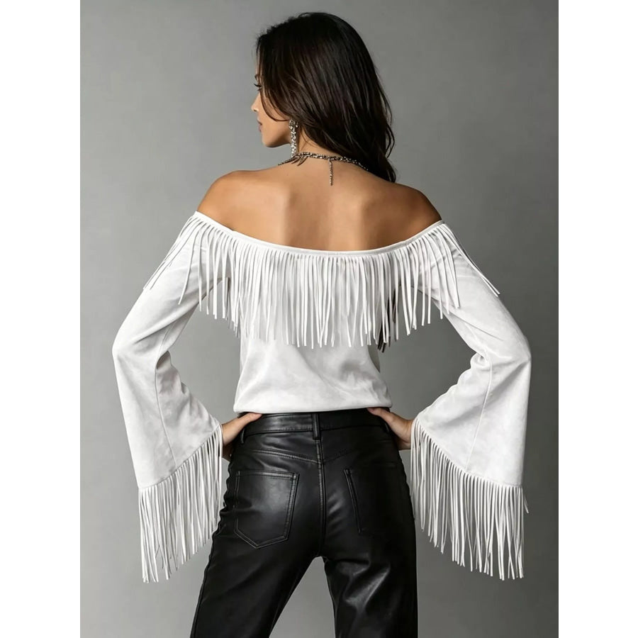 Full Size Fringed Off-Shoulder Flare Sleeve Top Plus Size Apparel and Accessories
