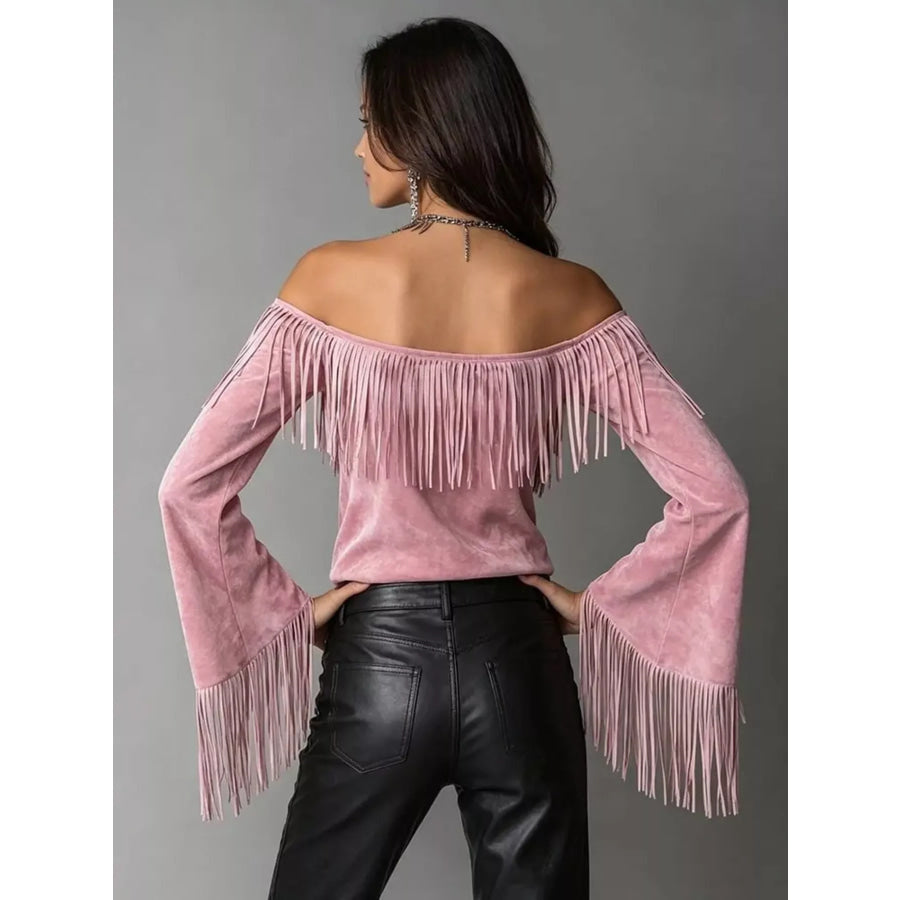 Full Size Fringed Off-Shoulder Flare Sleeve Top Plus Size Apparel and Accessories
