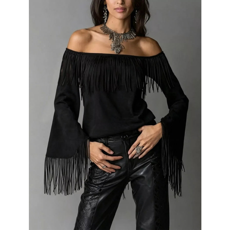 Full Size Fringed Off-Shoulder Flare Sleeve Top Plus Size Black / S Apparel and Accessories