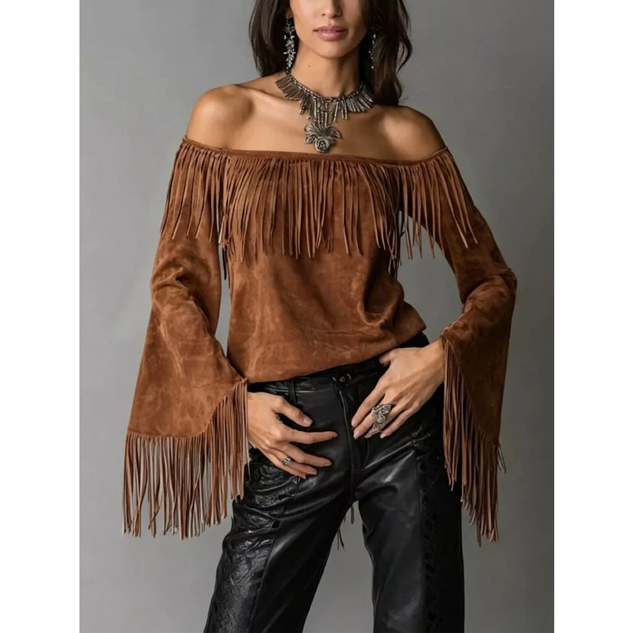 Full Size Fringed Off-Shoulder Flare Sleeve Top Plus Size Brown / S Apparel and Accessories
