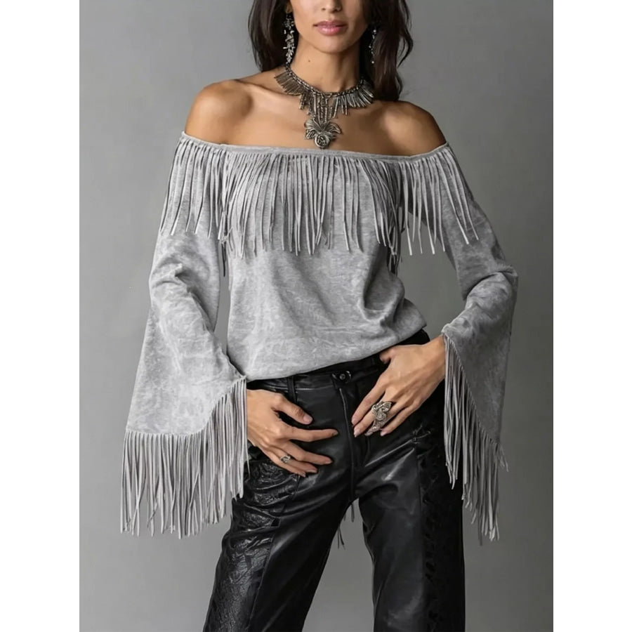 Full Size Fringed Off-Shoulder Flare Sleeve Top Plus Size Gray / S Apparel and Accessories