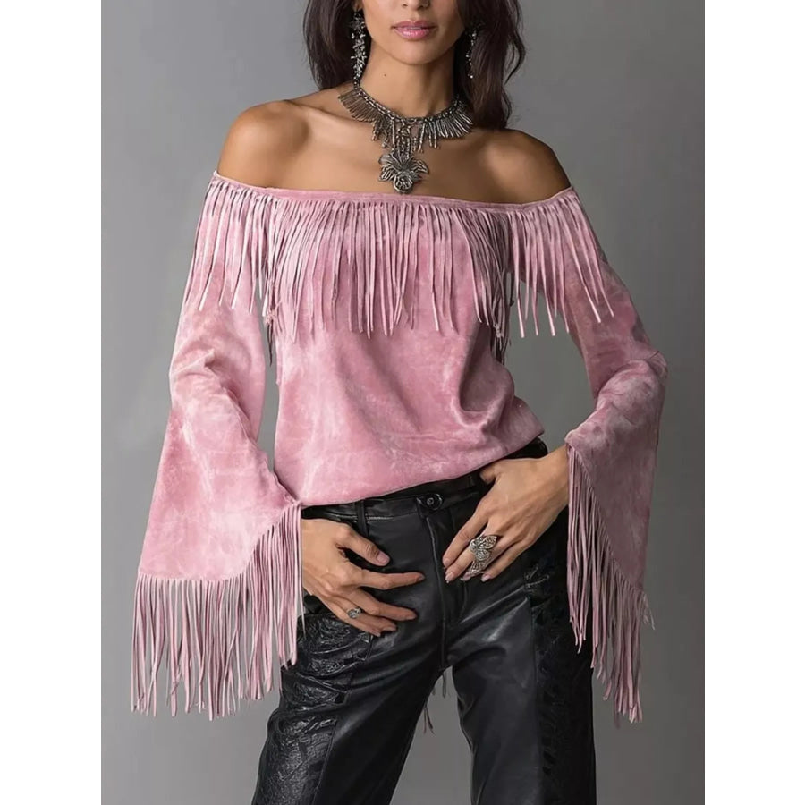 Full Size Fringed Off-Shoulder Flare Sleeve Top Plus Size Pink / S Apparel and Accessories