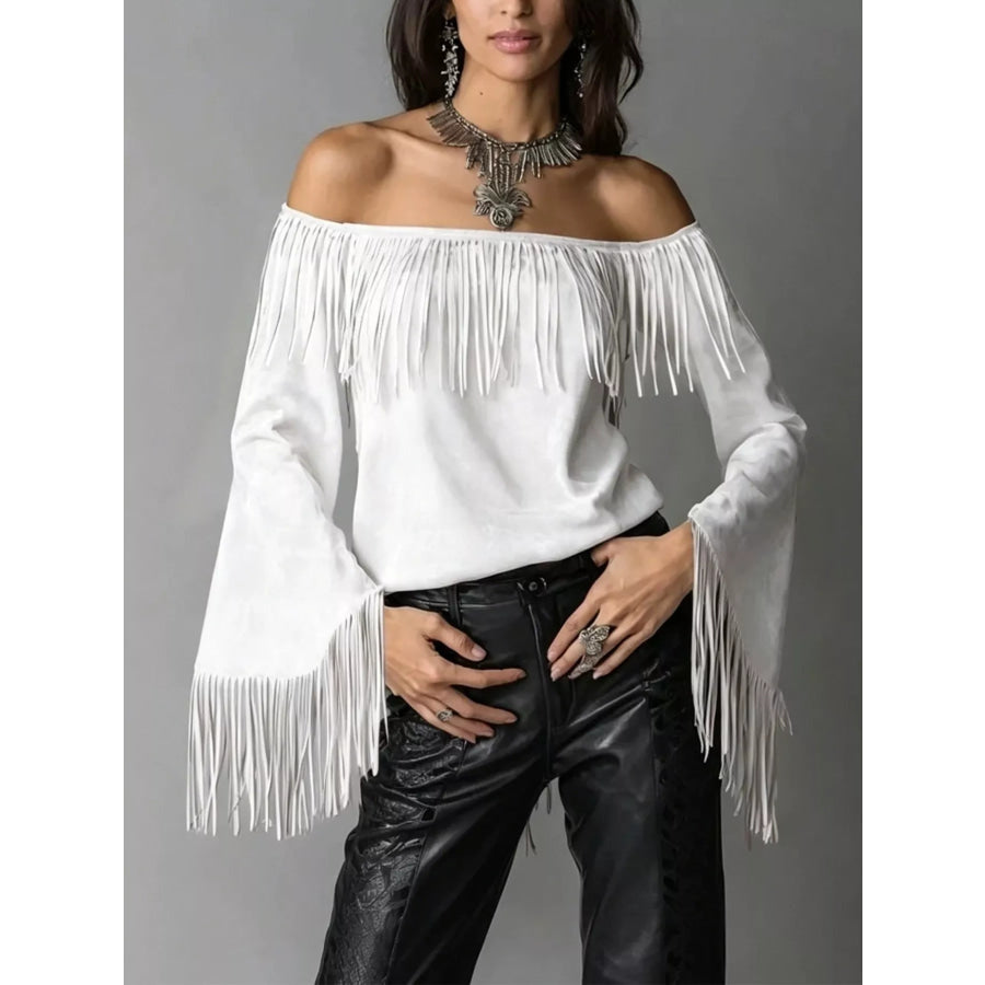 Full Size Fringed Off-Shoulder Flare Sleeve Top Plus Size White / S Apparel and Accessories
