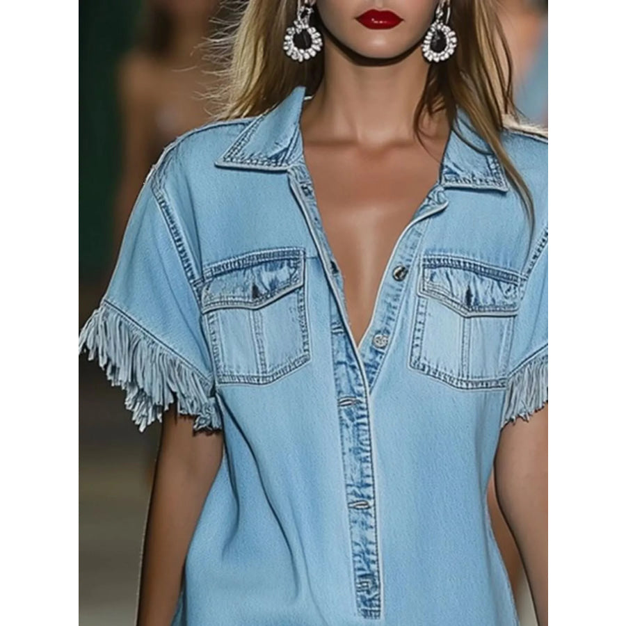 Full Size Fringed Short Sleeve Denim Shirt Dress Plus Apparel and Accessories