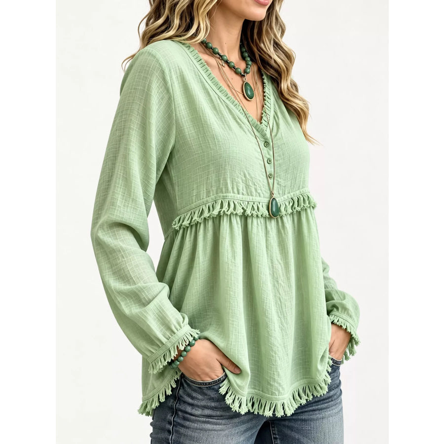 Full Size Fringed Trim V-Neck Long Sleeve Blouse Plus Apparel and Accessories