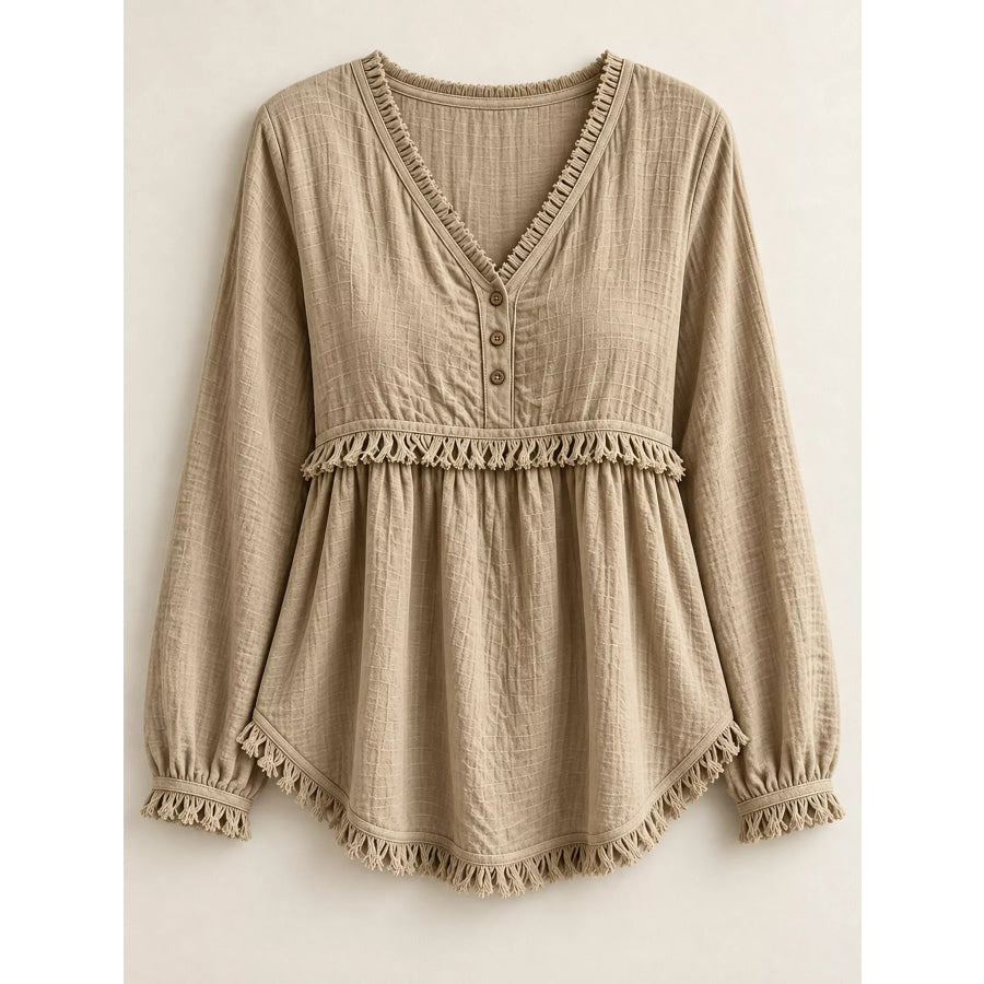 Full Size Fringed Trim V-Neck Long Sleeve Blouse Plus Apparel and Accessories