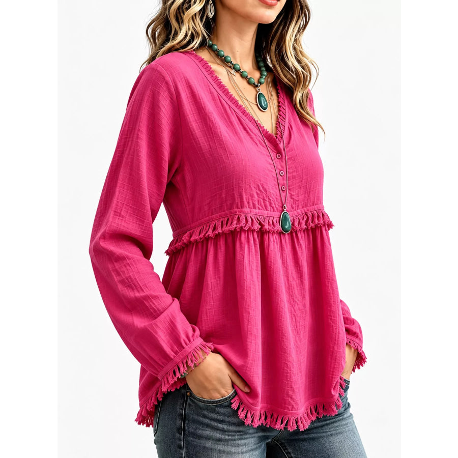 Full Size Fringed Trim V-Neck Long Sleeve Blouse Plus Apparel and Accessories