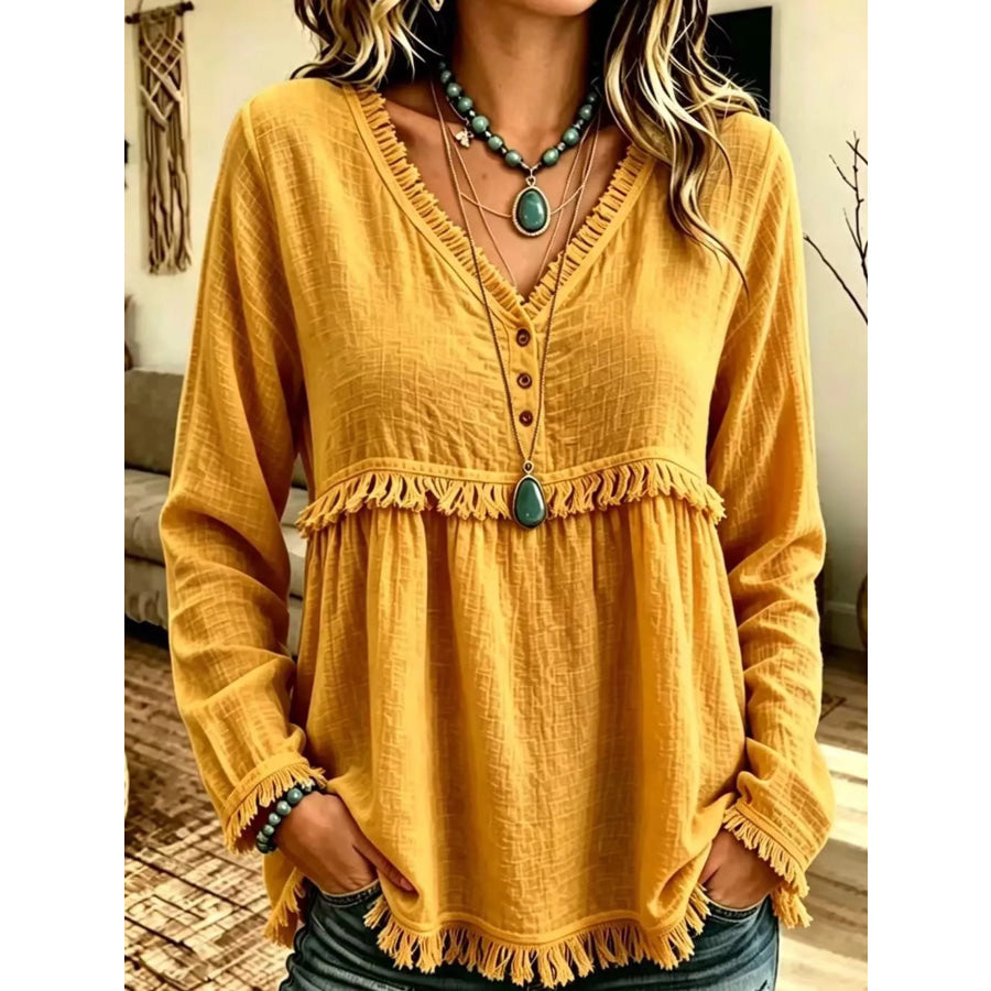 Full Size Fringed Trim V-Neck Long Sleeve Blouse Plus Apparel and Accessories