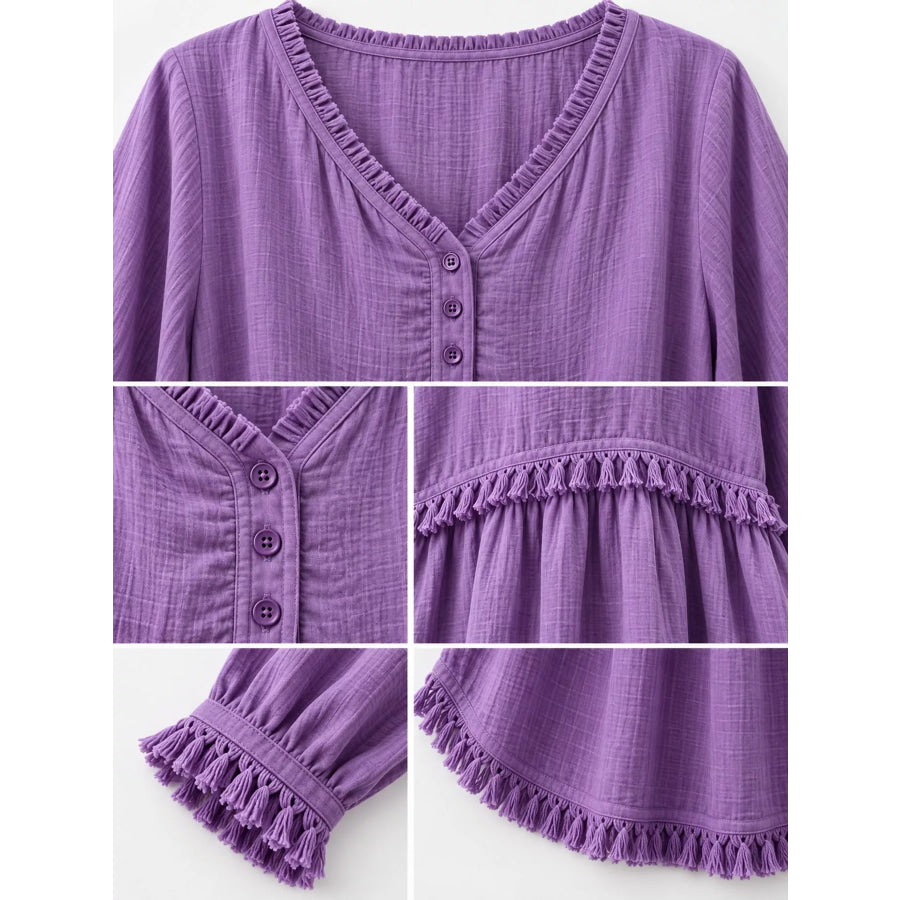 Full Size Fringed Trim V-Neck Long Sleeve Blouse Plus Apparel and Accessories