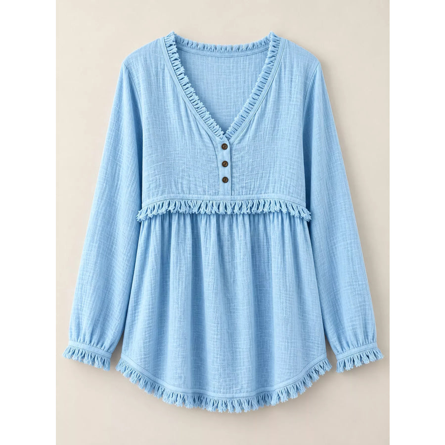 Full Size Fringed Trim V-Neck Long Sleeve Blouse Plus Apparel and Accessories