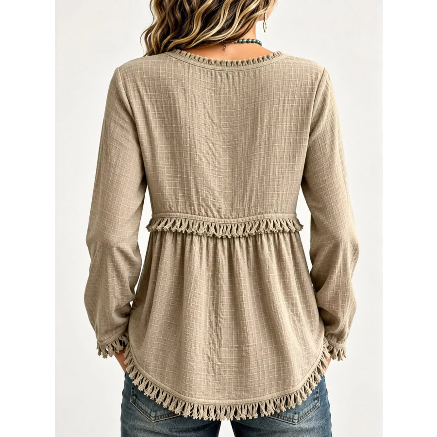 Full Size Fringed Trim V-Neck Long Sleeve Blouse Plus Apparel and Accessories