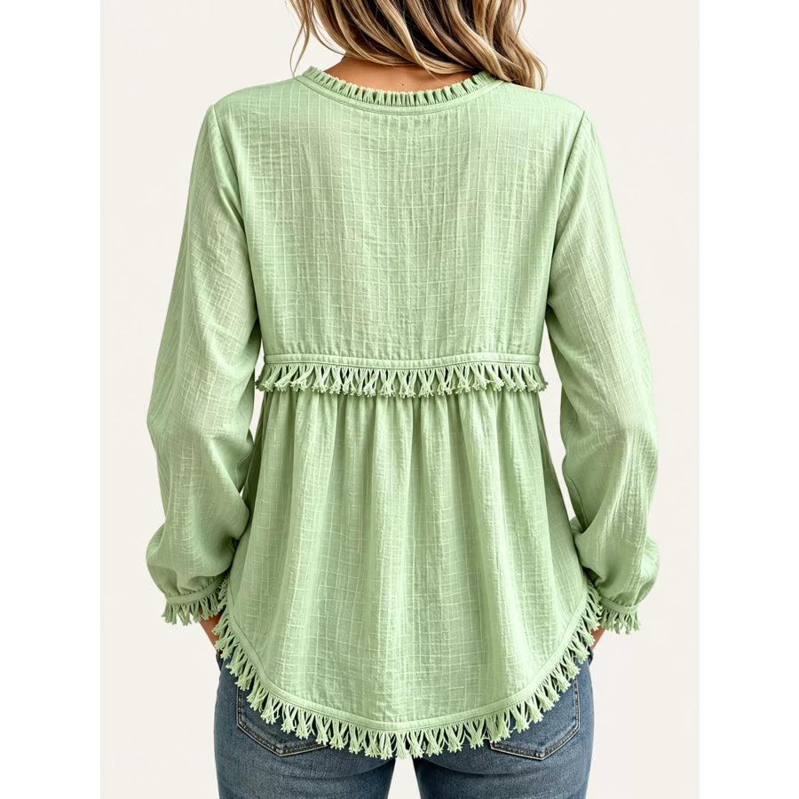 Full Size Fringed Trim V-Neck Long Sleeve Blouse Plus Apparel and Accessories