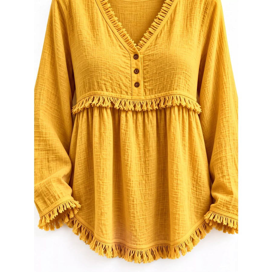 Full Size Fringed Trim V-Neck Long Sleeve Blouse Plus Apparel and Accessories