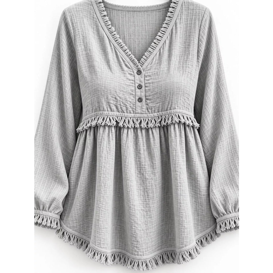 Full Size Fringed Trim V-Neck Long Sleeve Blouse Plus Apparel and Accessories