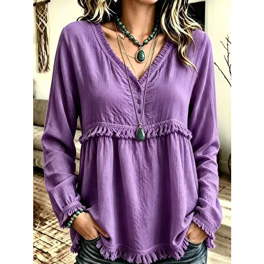 Full Size Fringed Trim V-Neck Long Sleeve Blouse Plus Apparel and Accessories