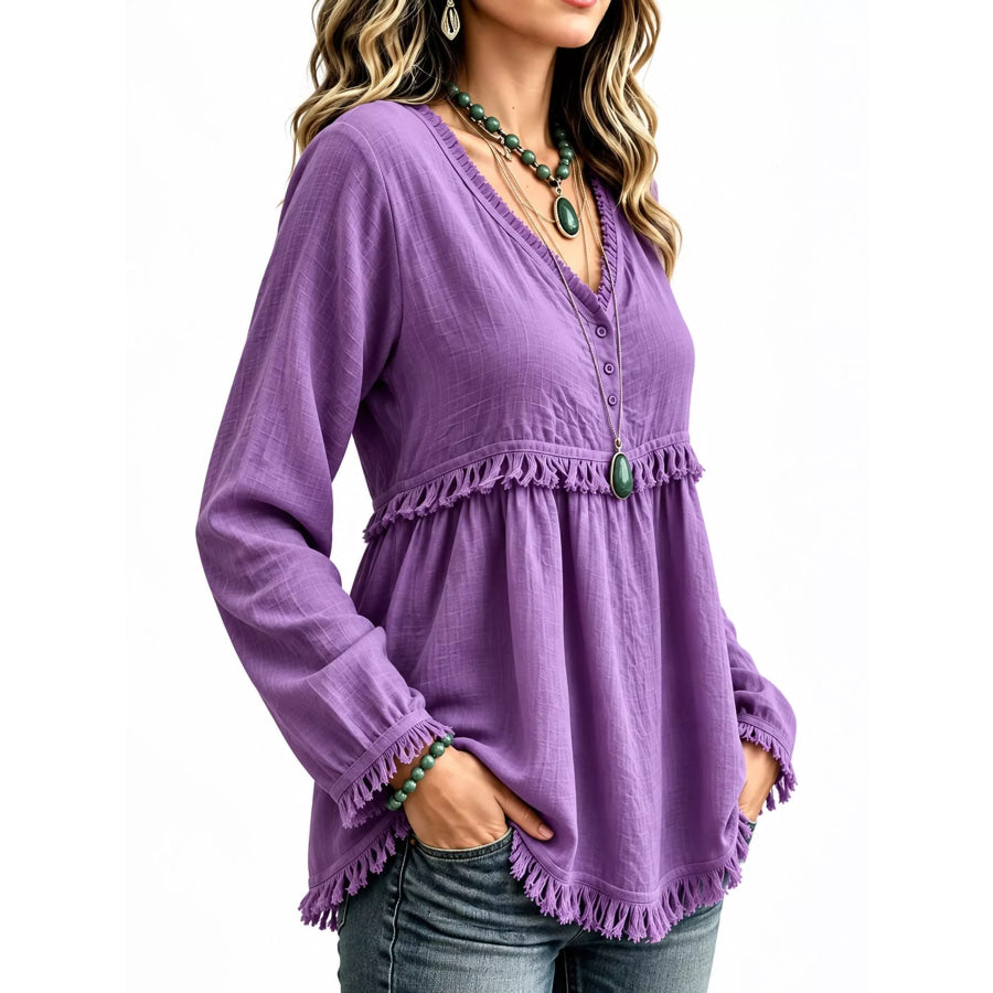 Full Size Fringed Trim V-Neck Long Sleeve Blouse Plus Apparel and Accessories