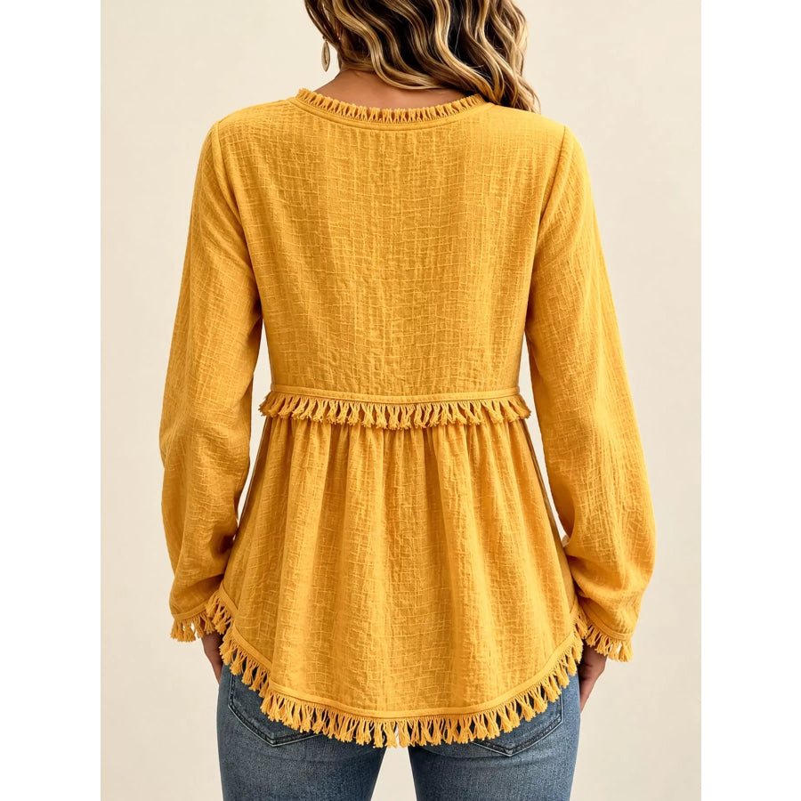 Full Size Fringed Trim V-Neck Long Sleeve Blouse Plus Apparel and Accessories