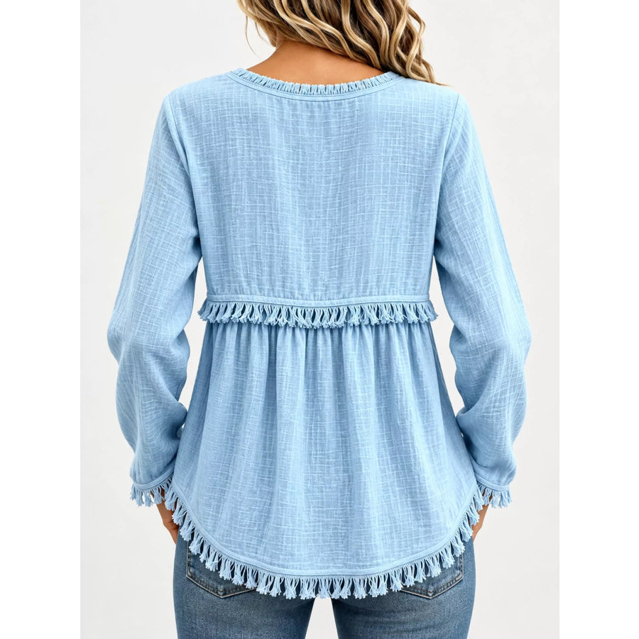 Full Size Fringed Trim V-Neck Long Sleeve Blouse Plus Apparel and Accessories