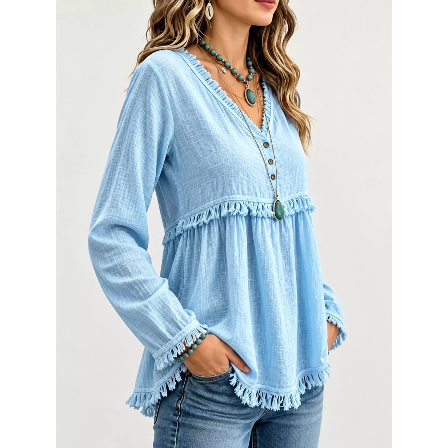 Full Size Fringed Trim V-Neck Long Sleeve Blouse Plus Apparel and Accessories