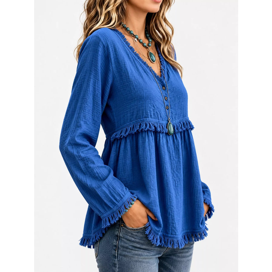 Full Size Fringed Trim V-Neck Long Sleeve Blouse Plus Apparel and Accessories
