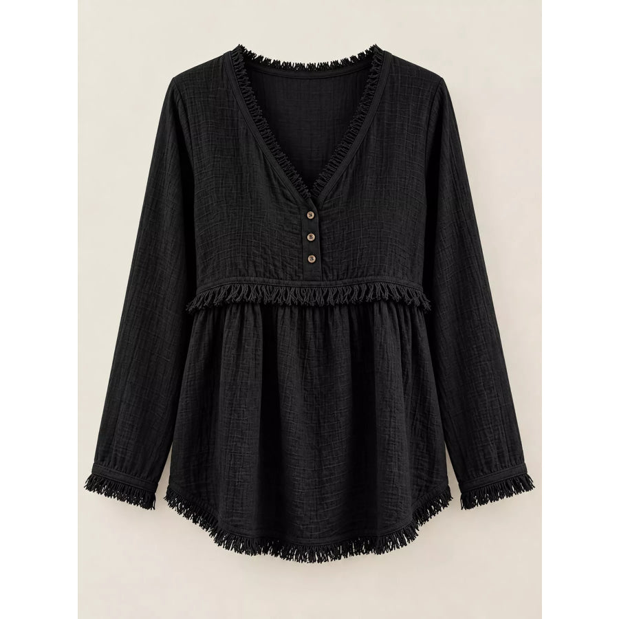 Full Size Fringed Trim V-Neck Long Sleeve Blouse Plus Apparel and Accessories