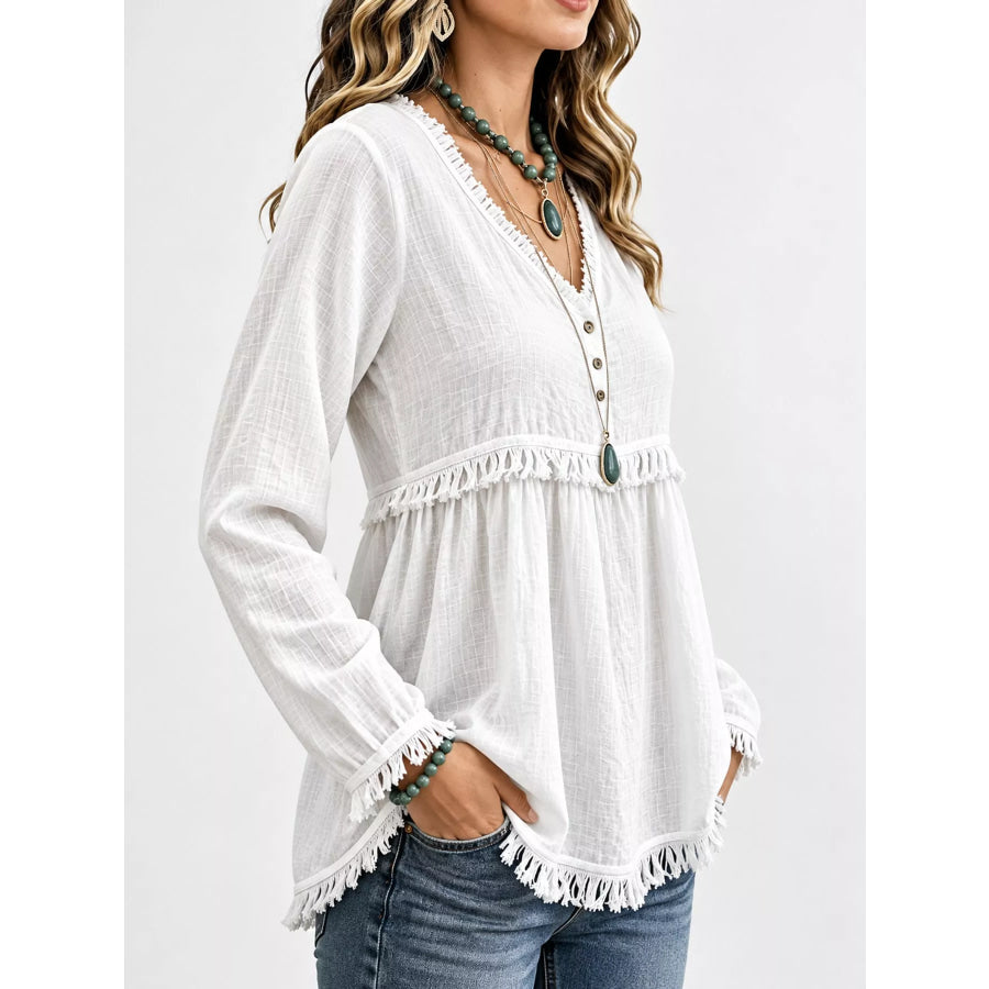 Full Size Fringed Trim V-Neck Long Sleeve Blouse Plus Apparel and Accessories