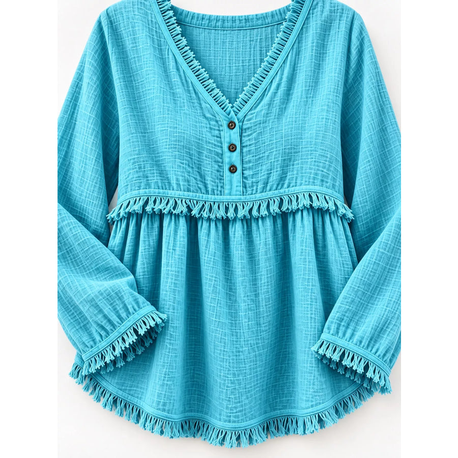 Full Size Fringed Trim V-Neck Long Sleeve Blouse Plus Apparel and Accessories