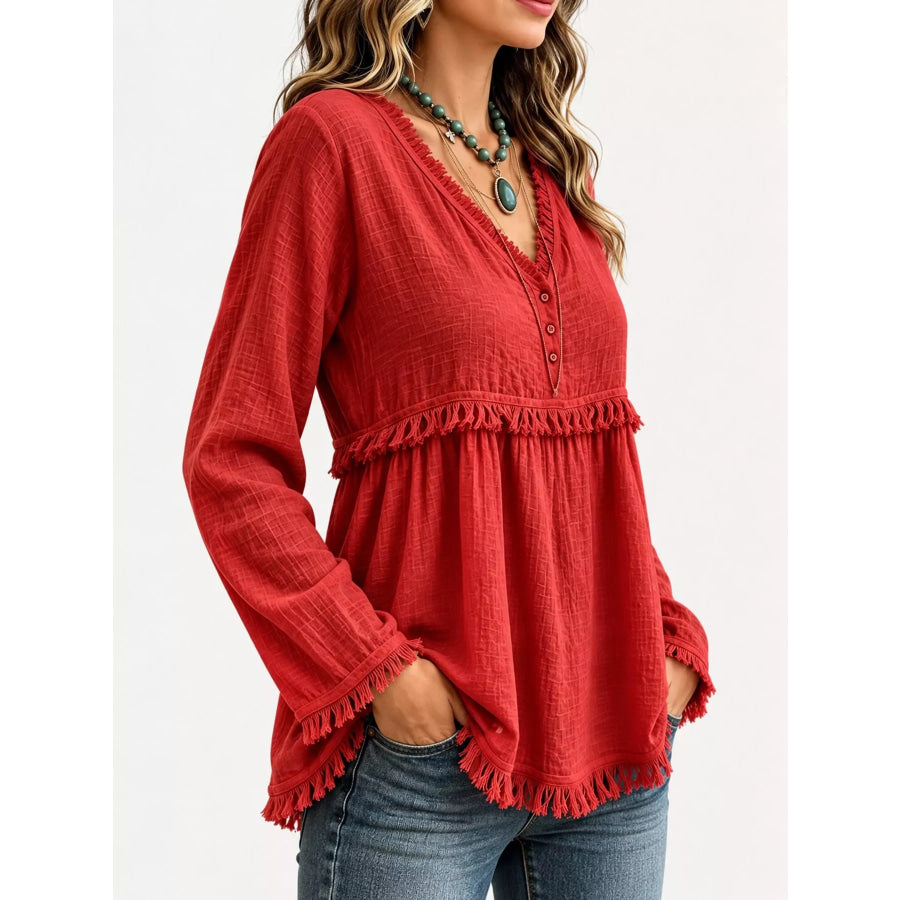 Full Size Fringed Trim V-Neck Long Sleeve Blouse Plus Apparel and Accessories