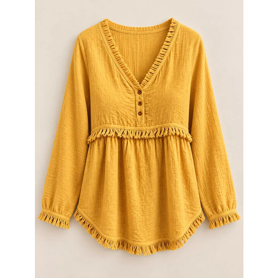 Full Size Fringed Trim V-Neck Long Sleeve Blouse Plus Apparel and Accessories