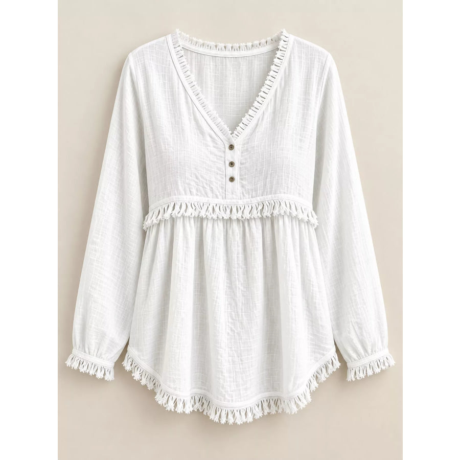 Full Size Fringed Trim V-Neck Long Sleeve Blouse Plus Apparel and Accessories