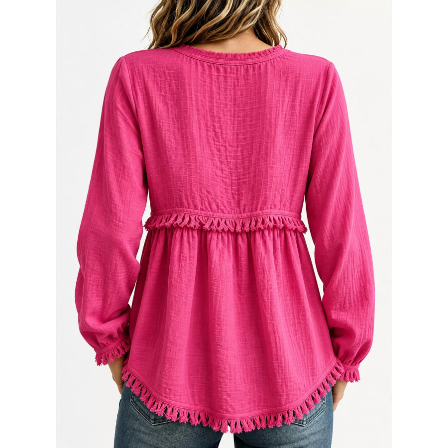 Full Size Fringed Trim V-Neck Long Sleeve Blouse Plus Apparel and Accessories