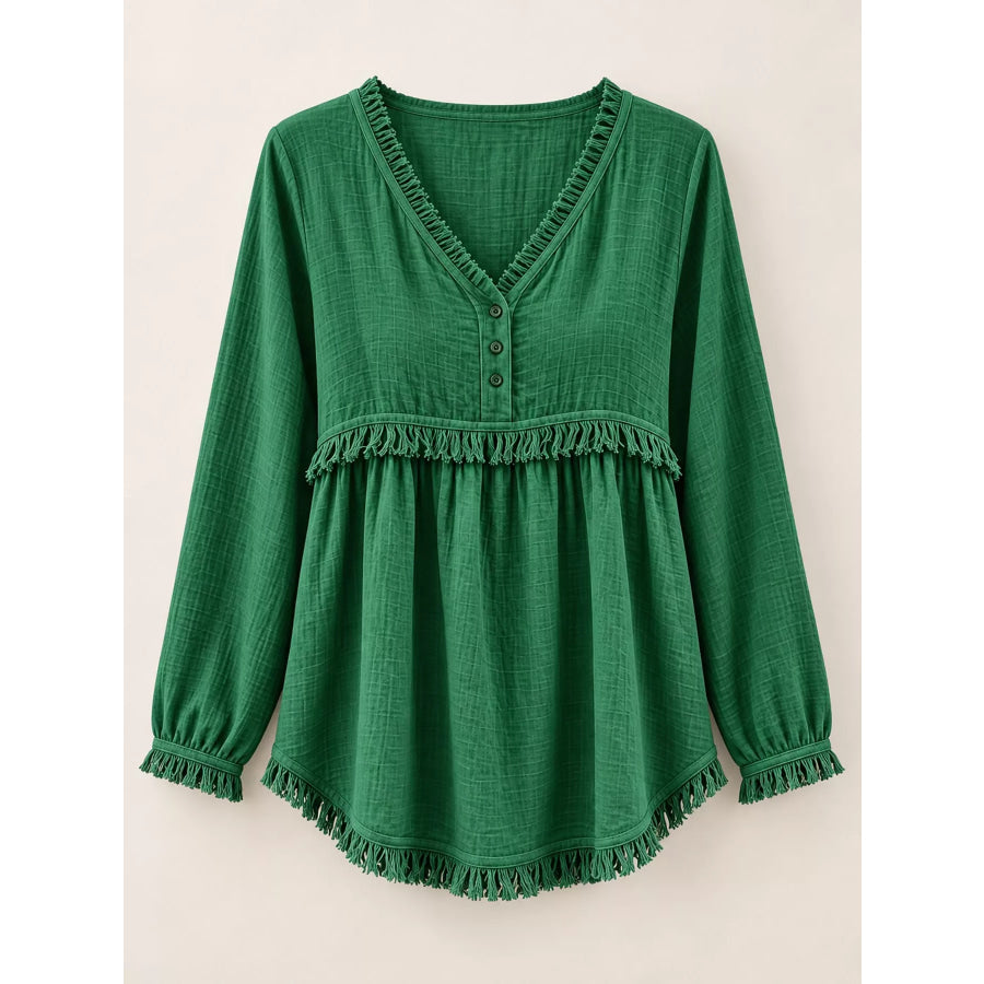 Full Size Fringed Trim V-Neck Long Sleeve Blouse Plus Apparel and Accessories