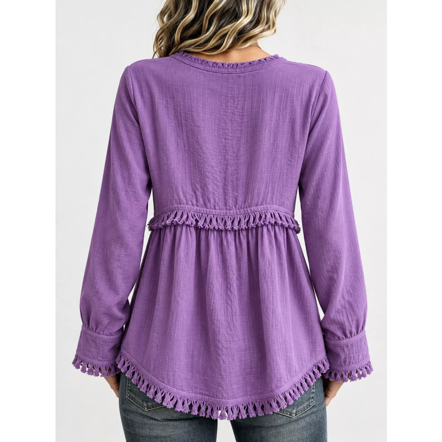Full Size Fringed Trim V-Neck Long Sleeve Blouse Plus Apparel and Accessories