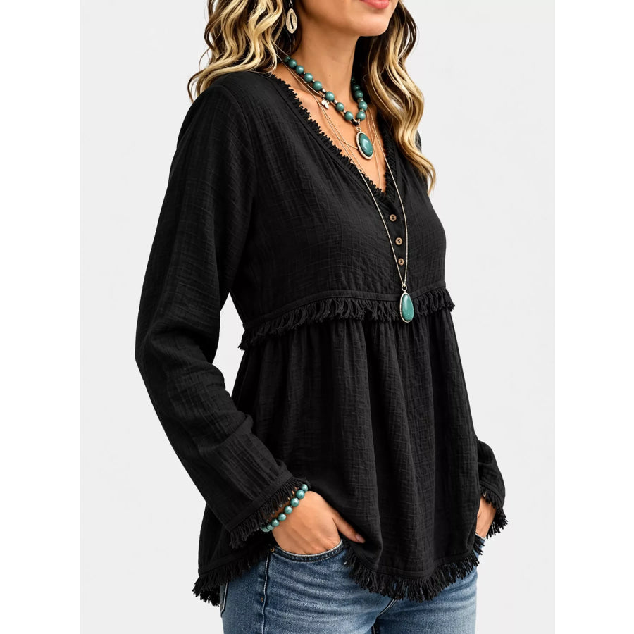Full Size Fringed Trim V-Neck Long Sleeve Blouse Plus Apparel and Accessories