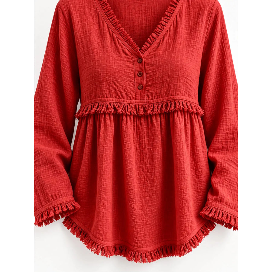 Full Size Fringed Trim V-Neck Long Sleeve Blouse Plus Apparel and Accessories