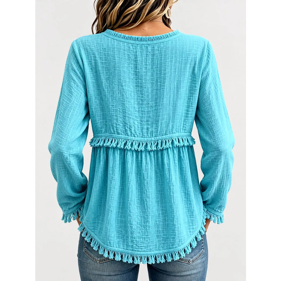 Full Size Fringed Trim V-Neck Long Sleeve Blouse Plus Apparel and Accessories