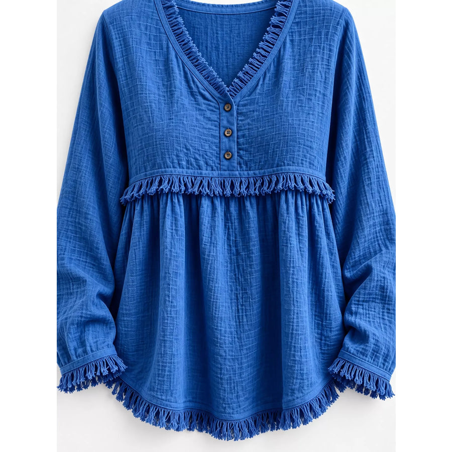 Full Size Fringed Trim V-Neck Long Sleeve Blouse Plus Apparel and Accessories