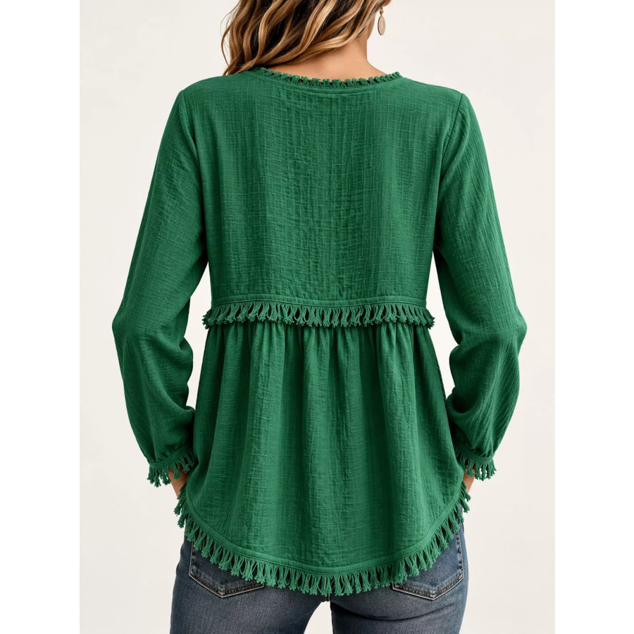Full Size Fringed Trim V-Neck Long Sleeve Blouse Plus Apparel and Accessories