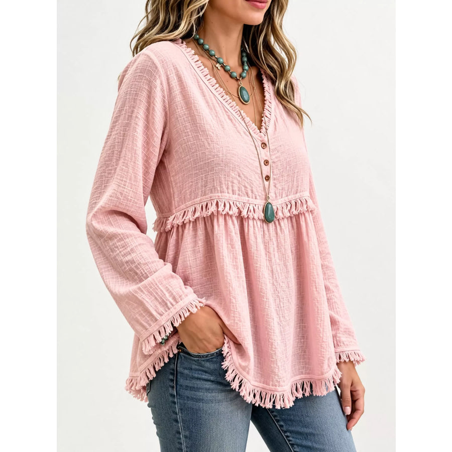 Full Size Fringed Trim V-Neck Long Sleeve Blouse Plus Apparel and Accessories