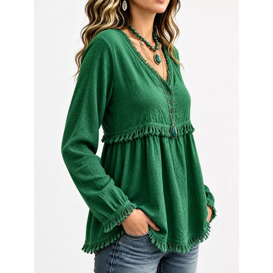 Full Size Fringed Trim V-Neck Long Sleeve Blouse Plus Apparel and Accessories