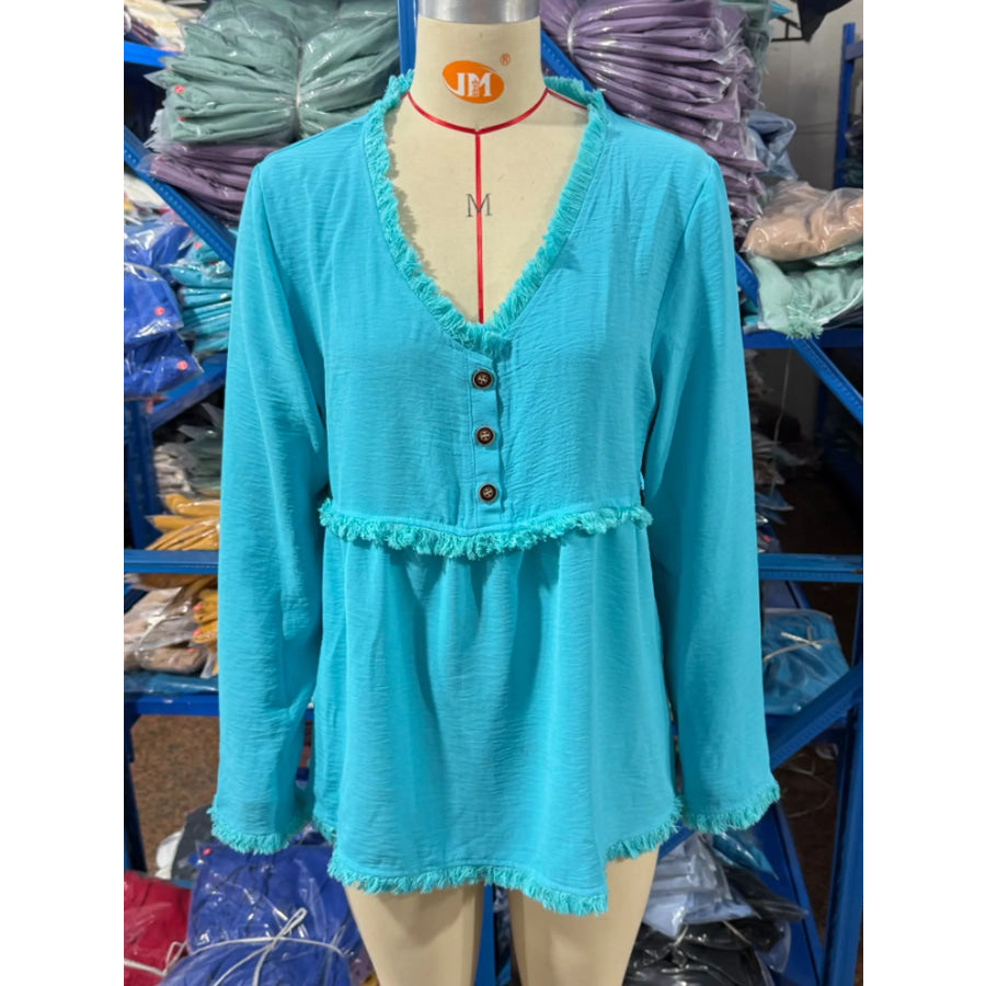 Full Size Fringed Trim V-Neck Long Sleeve Blouse Plus Apparel and Accessories