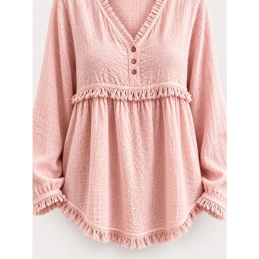 Full Size Fringed Trim V-Neck Long Sleeve Blouse Plus Apparel and Accessories