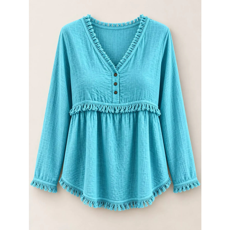 Full Size Fringed Trim V-Neck Long Sleeve Blouse Plus Apparel and Accessories